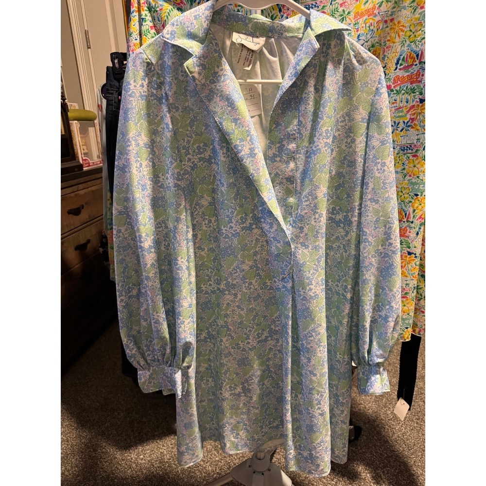 107 Vintage Jonathan Logan Floral Shift Dress Blue Green Long‎ Sleeve